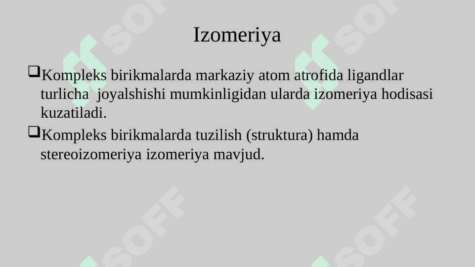 Koordinatsion birikmalarda izomeriya turlari. 2