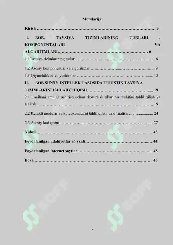 Sun'iy intellekt asosida turistik tavsiya tizimlarini ishlab chiqish Loyha ishi 2