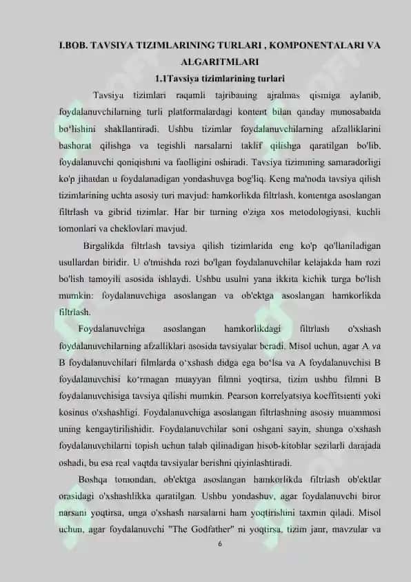 Sun'iy intellekt asosida turistik tavsiya tizimlarini ishlab chiqish Loyha ishi 6