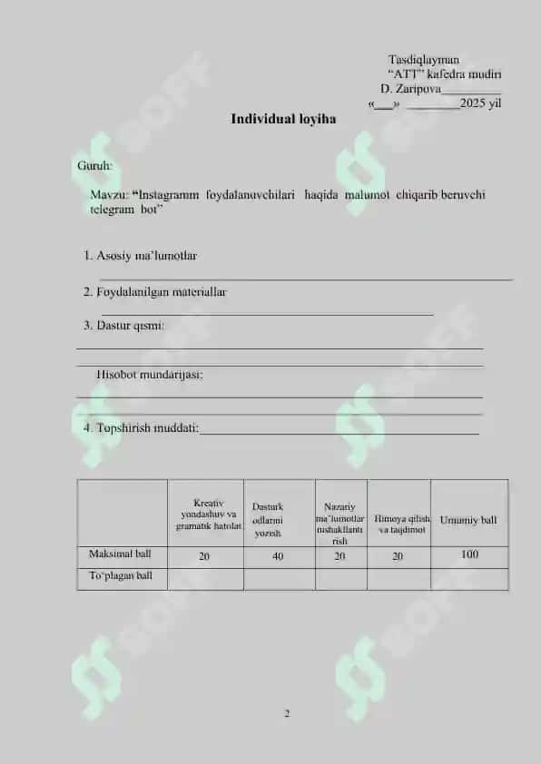 LOYIHA ISHI :“INSTAGRAMM  FOYDALANUVCHILARI   HAQIDA  MALUMOT  CHIQARIB BERUVCHI  TELEGRAM  BOT” 2