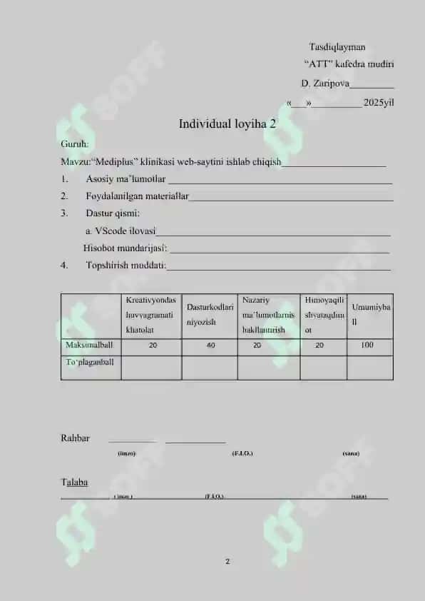 LOYIHA ISHI Mediplus” klinikasi web-saytini ishlab chiqish 2