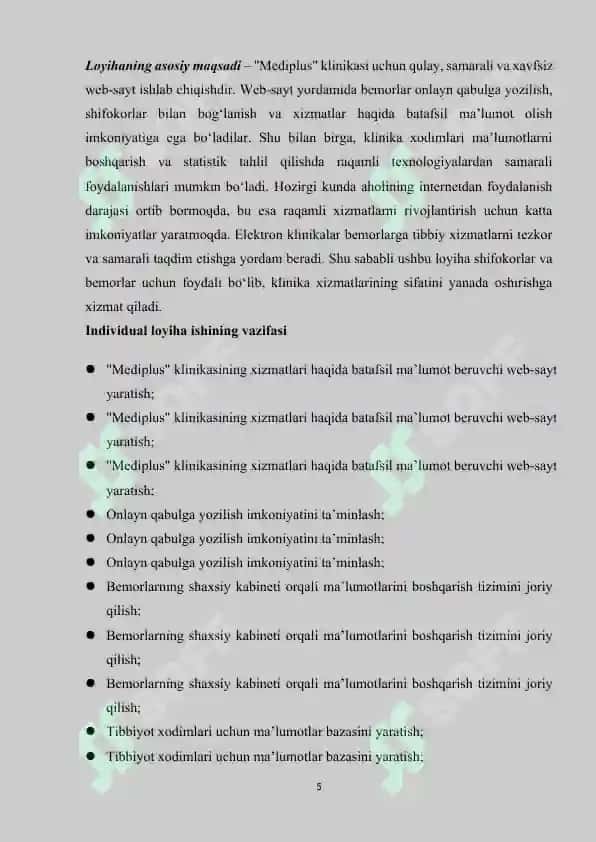LOYIHA ISHI Mediplus” klinikasi web-saytini ishlab chiqish 5