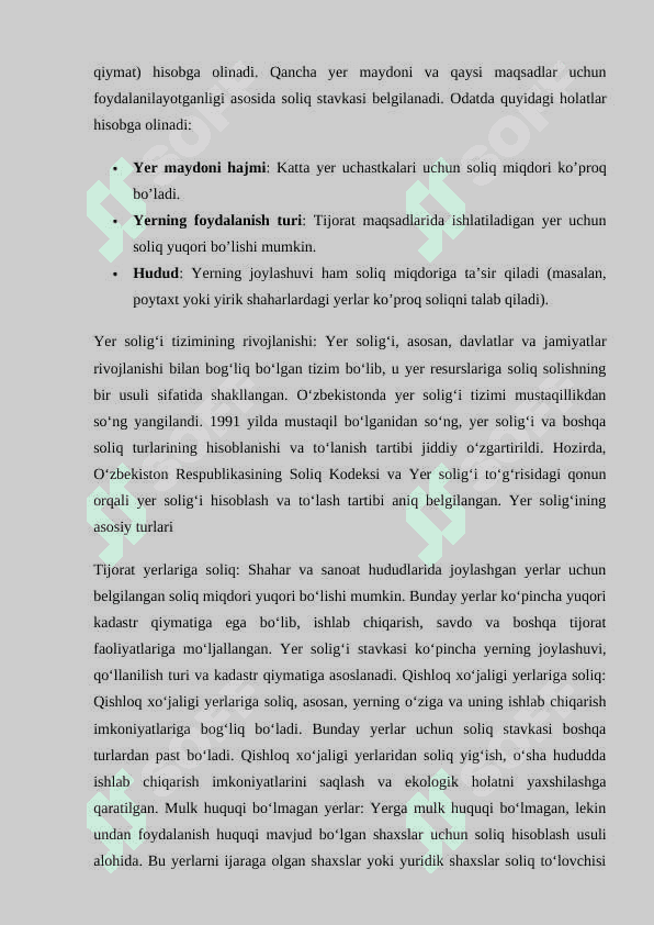 Yuridik shaxslardan undiriladigan yer solig’i: soliqni hisoblab chiqish va to’lash tartibi. 2