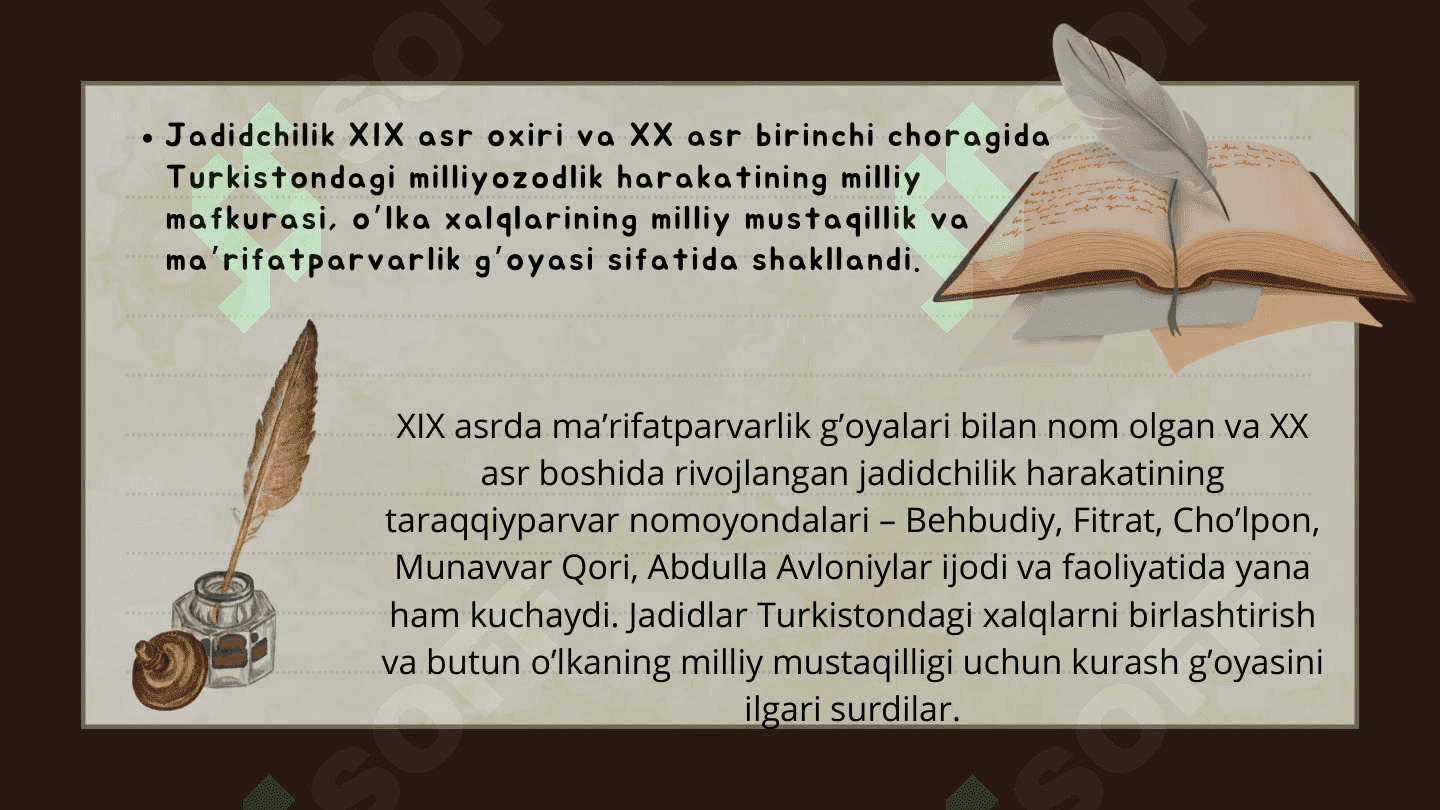 Jadid ma'rifatparvarlarining o‘lka ljtimoiy-ma'naviy hayotida tutgan о'гni (Мunavvar Qori. Fitrat, Behbudiy. Avloniy va boshq ).haqida 5