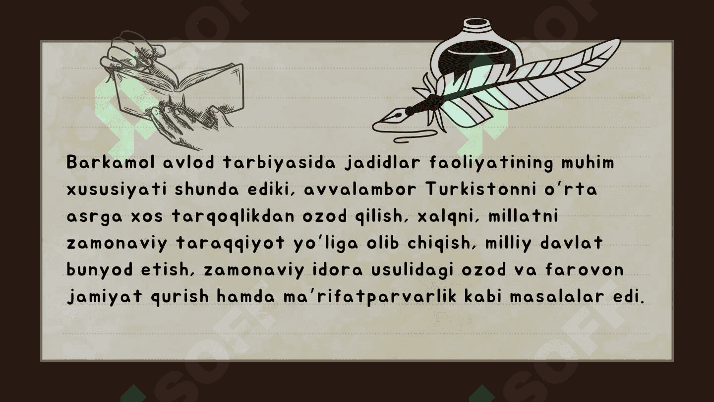 Jadid ma'rifatparvarlarining o‘lka ljtimoiy-ma'naviy hayotida tutgan о'гni (Мunavvar Qori. Fitrat, Behbudiy. Avloniy va boshq ).haqida 6