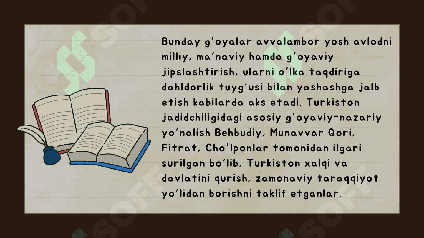 Jadid ma'rifatparvarlarining o‘lka ljtimoiy-ma'naviy hayotida tutgan о'гni (Мunavvar Qori. Fitrat, Behbudiy. Avloniy va boshq ).haqida 7