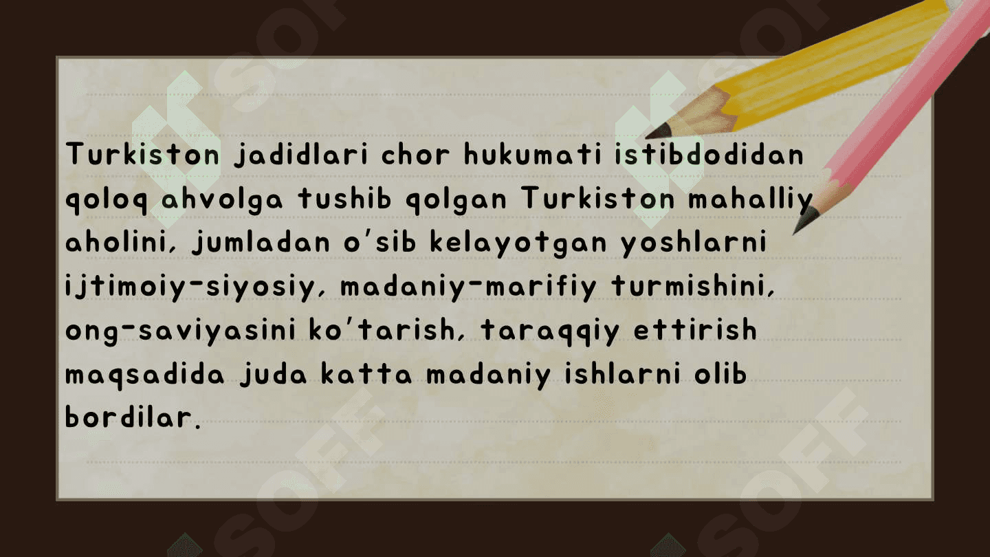 Jadid ma'rifatparvarlarining o‘lka ljtimoiy-ma'naviy hayotida tutgan о'гni (Мunavvar Qori. Fitrat, Behbudiy. Avloniy va boshq ).haqida 8