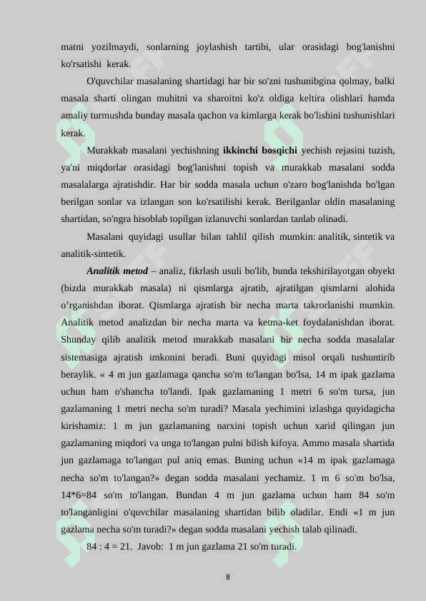 Birinchi sinfda matematikadan murakkab masala va ularni o’rganish metodikasi 8