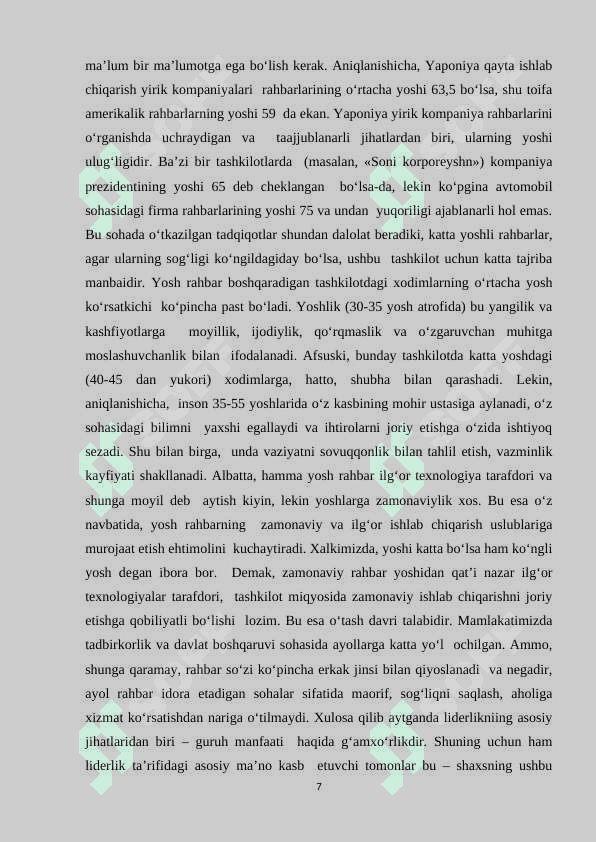 Rahbar psixologiyasi. Rahbarlik uslublari. Boshqaruv usullarining óziga xosligi” 7