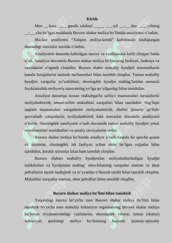 Buxoro viloyati Buxoro shahar bo'limi amaliyot hisoboti 2
