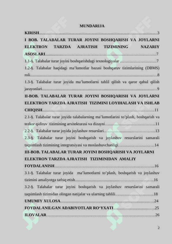 . TALABALAR TURAR JOYINI BOSHQARISH VA JOYLARNI ELEKTRON TARZDA AJRATISH TIZIMINING  NAZARIY 2