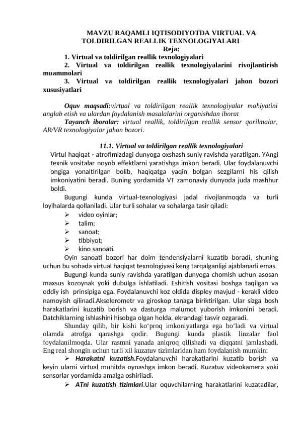 RAQAMLI IQTISODIYOTDA VIRTUAL VA TOLDIRILGAN REALLIK TEXNOLOGIYALARI