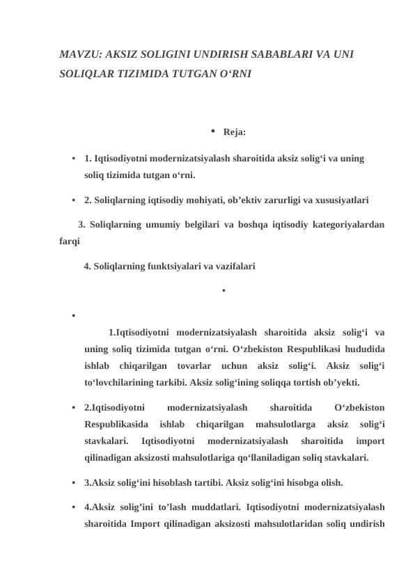 AKSIZ SOLIGINI UNDIRISH SABABLARI VA UNI SOLIQLAR TIZIMIDA TUTGAN O‘RNI