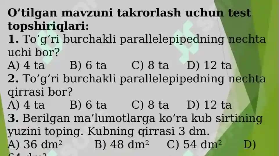 o’g’ri  burchakli parallelepiped  va  kub hajmi 3