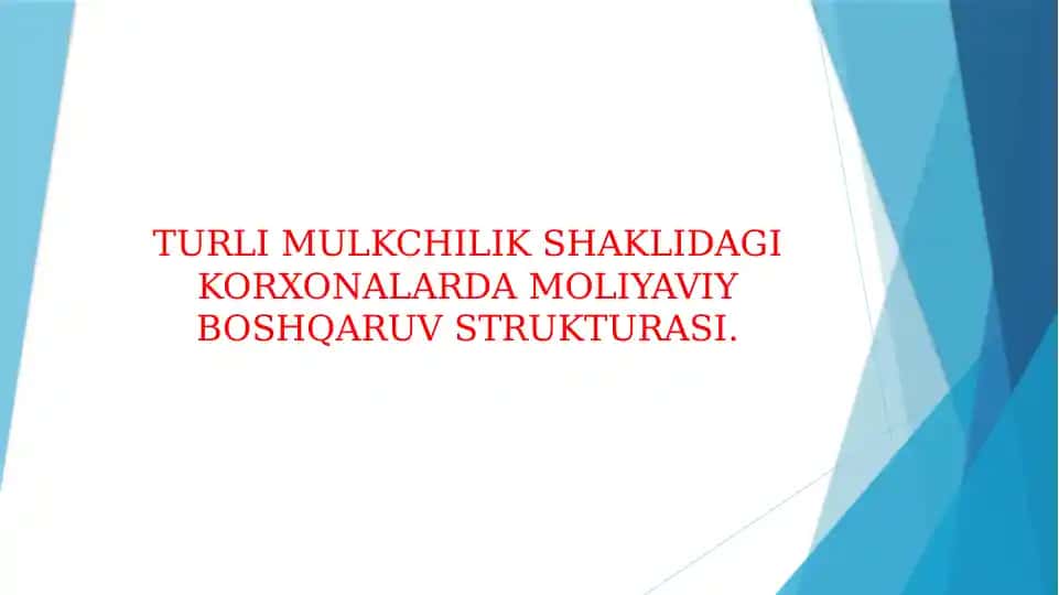 TURLI MULKCHILIK SHAKLIDAGI KORXONALARDA MOLIYAVIY BOSHQARUV STRUKTURASI.