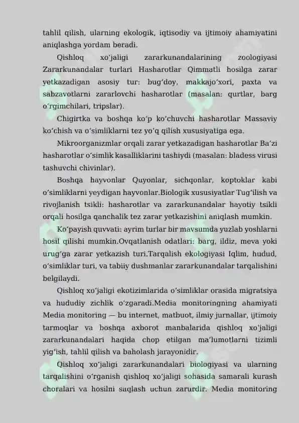“QISHLOQ XO‘JALIGI ZARARKUNANDALARI ZOOLOGIYASI VA ULARNING TARQALISHIGA OID MEDIA MONITORINGLARI” 4