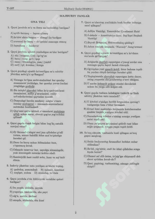 Majburiy ona tili fanidan 10 talik variant  testlar 5