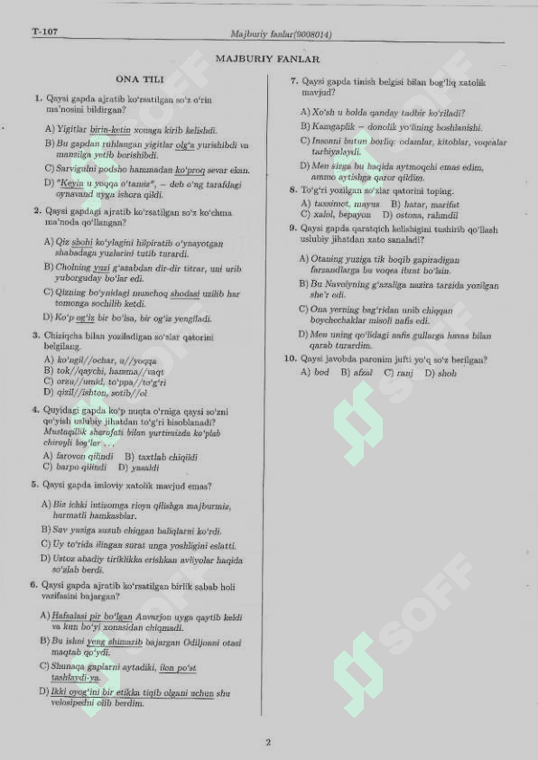 Majburiy ona tili fanidan 10 talik variant  testlar 6