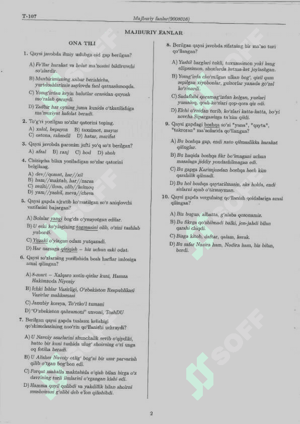 Majburiy ona tili fanidan 10 talik variant  testlar 8