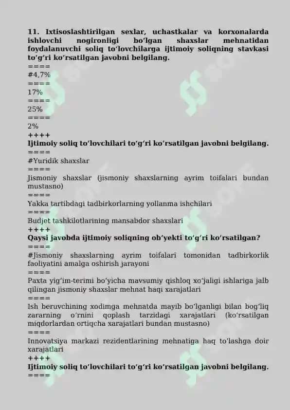 Biznesni soliqqa tortish fanidan test savollar 5