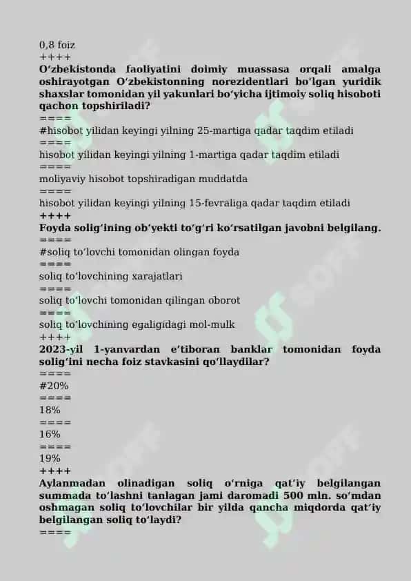 Biznesni soliqqa tortish fanidan test savollar 8