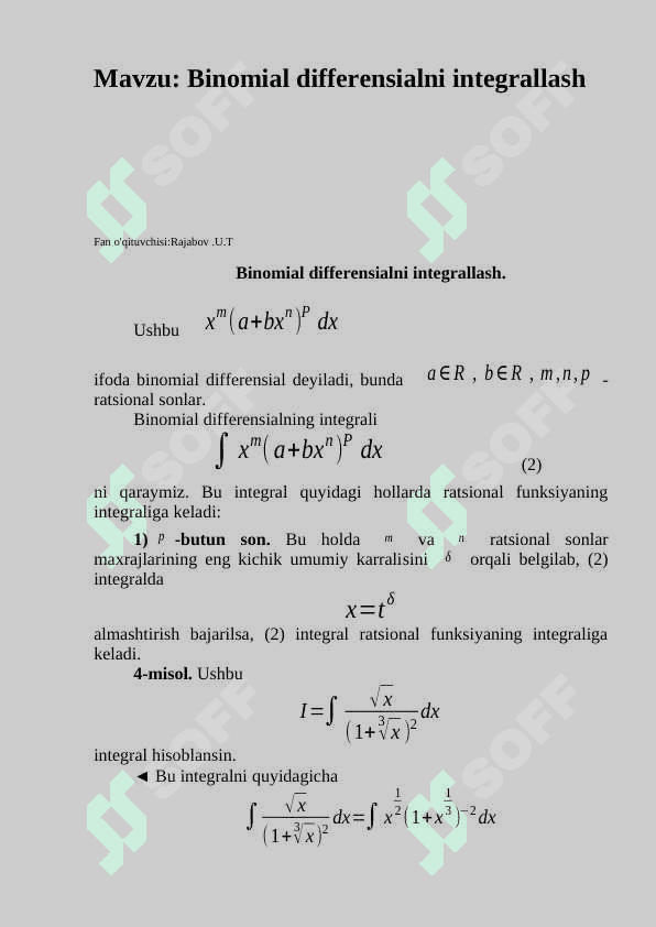 Binomial differensialni integrallash. 2