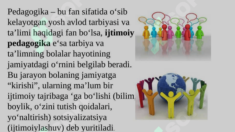 Ijtimoiy pedagogika fani jamiyat rivojining asosi sifatida. O`zbekistonda ijtimoiy pedagogikaning paydo bo`lishi madaniy-tarixiy, ijtimoiy-huquqiy shart-sharoitlari 7