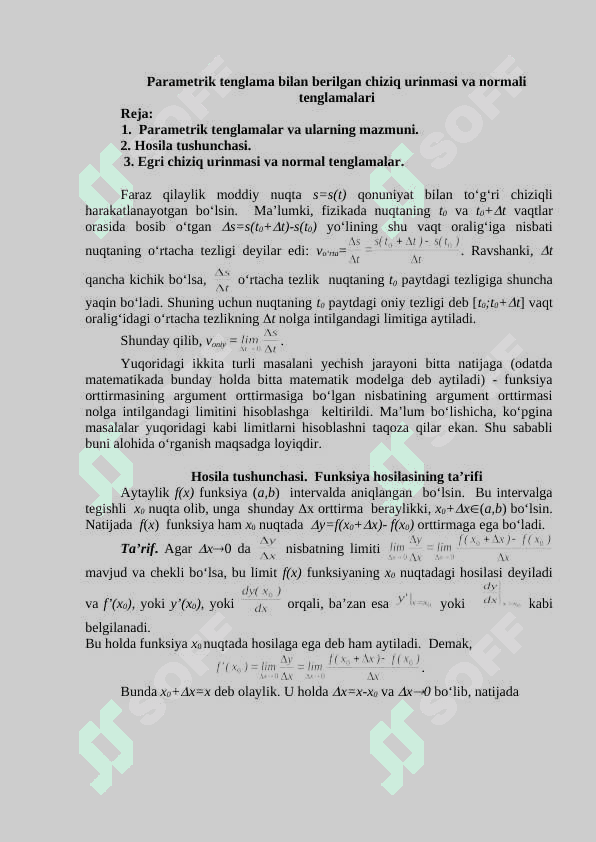 Parametrik tenglama bilan berilgan chiziq urinmasi va normali tenglamalari 2