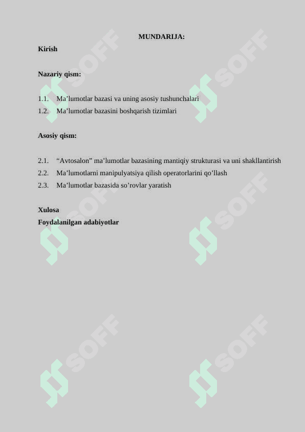 Avtosalon ma’lumotlar bazasini loyihalashtirish va ishlab chiqish 2