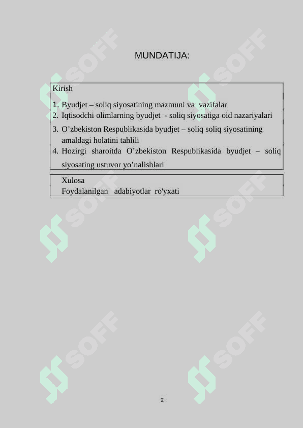 HOZIRGI SHAROITDA O`ZBEKISTON RESPUBLIKASIDA BYUDJET SOLIQ SIYOSATINING AMALDAGI HOLATI 2