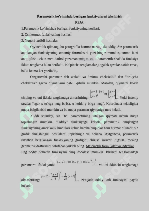 Parametrik ko’rinishda berilgan funksiyalarni tekshirish 2