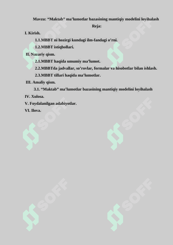 “Maktab” ma’lumotlar bazasining mantiqiy modelini loyihalash. 2