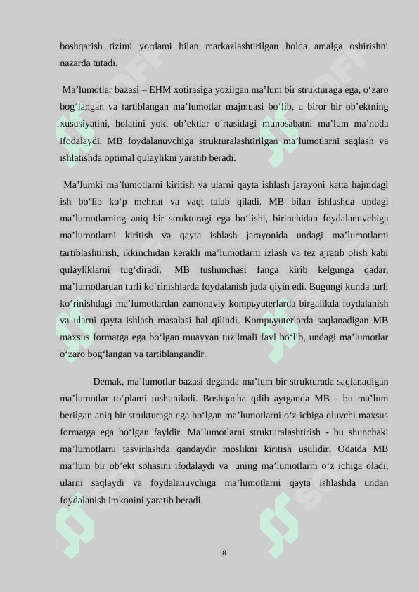 MA’LUMOTLAR BAZASI TEXNOLOGOYALARI 8