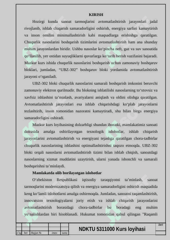 UBZ-302 bloki orqali boshqariladigan chuqurlik nasoslarini avtomatlashtirish 2