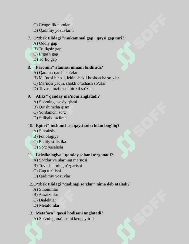 Oʻzbek tiliga oid terminlarlar boʻyicha nostandart 30 ta test ( Javoblari bilan ) 2