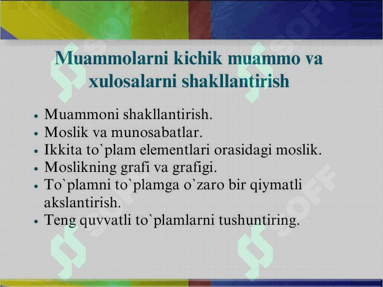 To‘plamni to‘plamga o‘zaro bir qiymatli akslantirish. 3