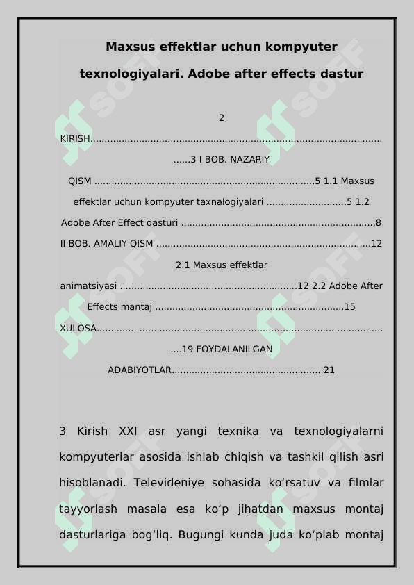 Maxsus effektlar uchun kompyuter texnologiyalari. Adobe after effects dastur 2