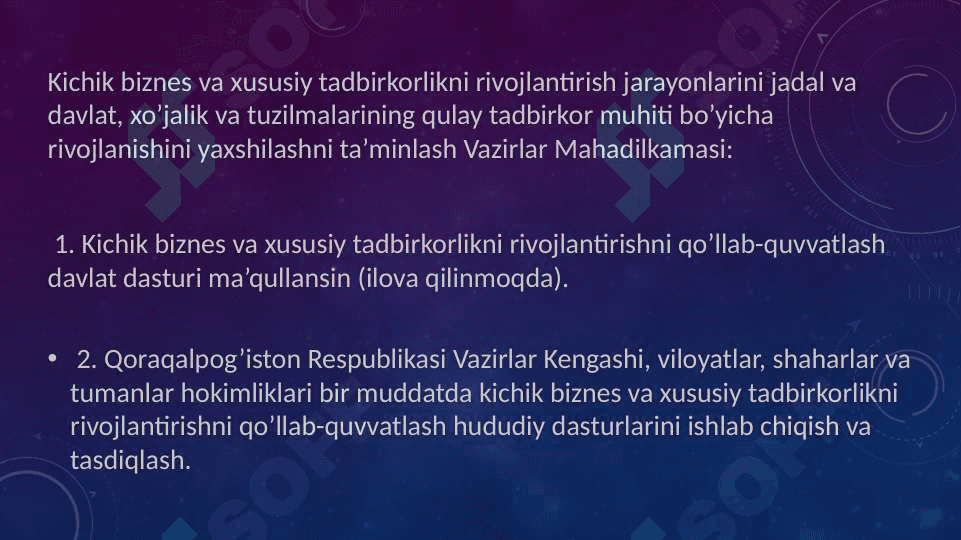 O'zbekistonda Kichik biznes  va xususiy tadbirkorlikni rivojlantirishni  davlat tomonidan qo’llab quvvatlAsh chora tadbirlari pptx 2