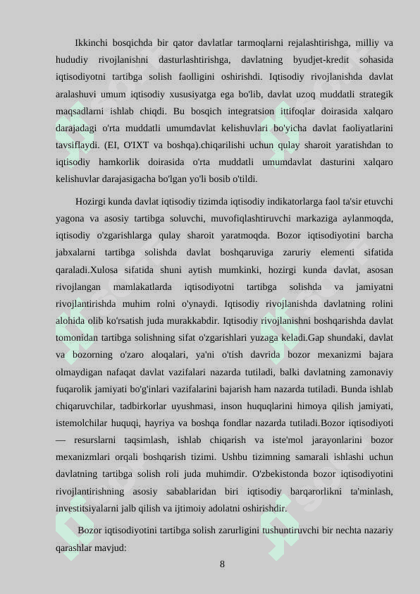 Bozor iqtisodiyotini tartibga solishda davlatning ro’li 8