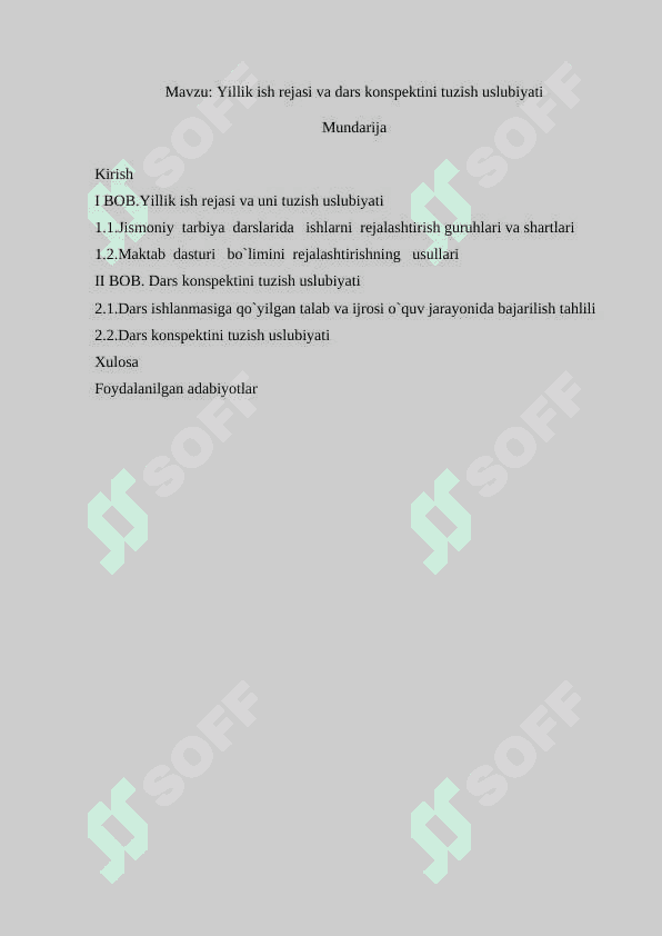 Yillik ish rejasi va dars konspektini tuzish uslubiyati 2