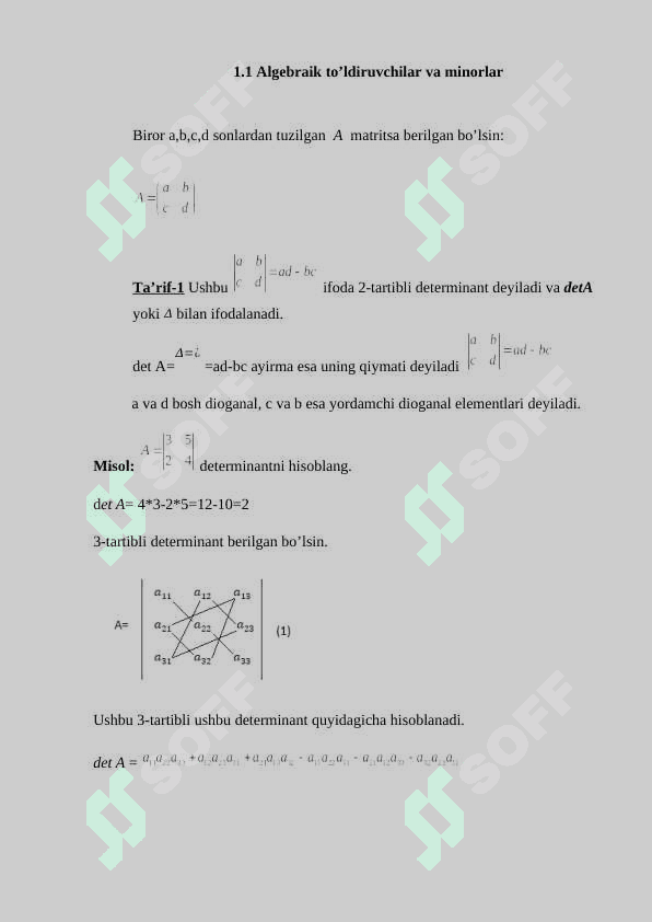 Yuqori tartibli determinantlarni hisoblashda minorlar va algebraik to'ldiruvchilarning qoʻllanilishi 5