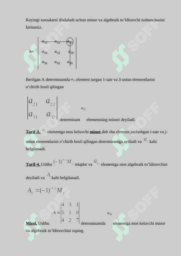 Yuqori tartibli determinantlarni hisoblashda minorlar va algebraik to'ldiruvchilarning qoʻllanilishi 8