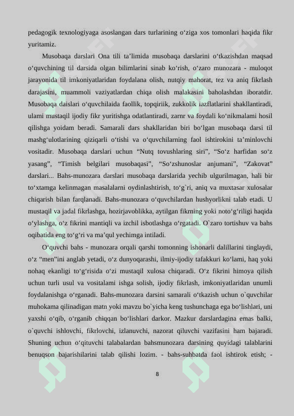Ona tili dars turlari va ularga qo`yiladigan talablar 8
