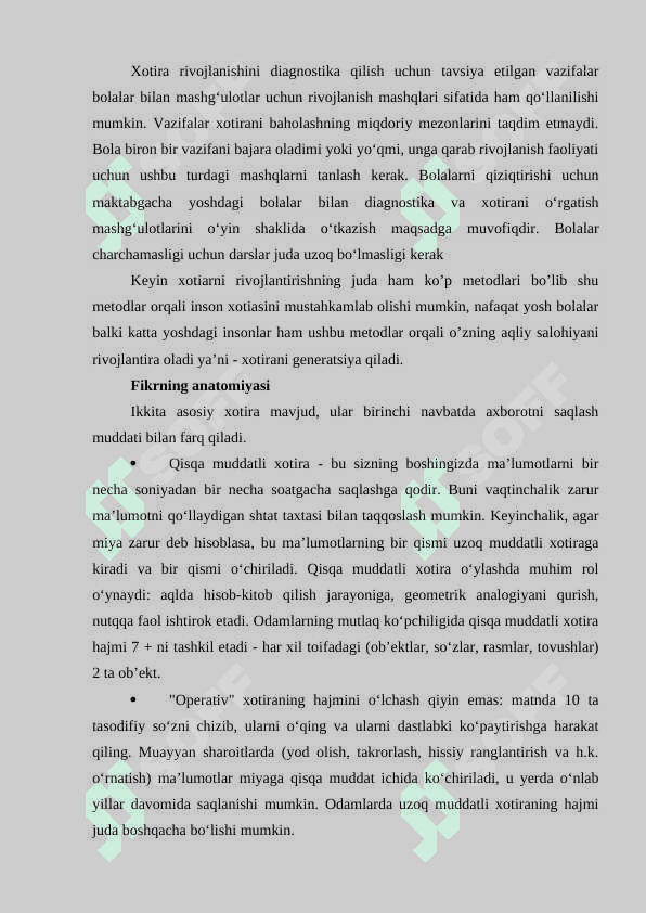 Xotirani diagnostika qilish metodlari. Mnemotexnika xotirani rivojlantirish tizimini tahlil qilish (Meyli testi, Benton testi) 2