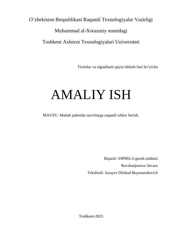 Matlab paketida tasvirlarga raqamli ishlov berish.
