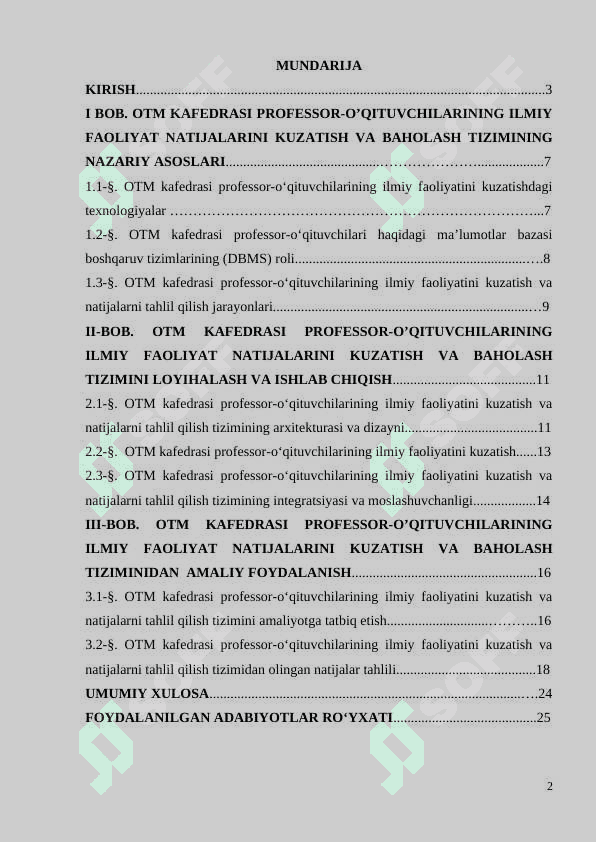 OTM KAFEDRASI PROFESSOR-O’QITUVCHILARINING ILMIY FAOLIYATINI KUZATISH VA NATIJALARNI TAHLIL QILISH TIZIMI 2