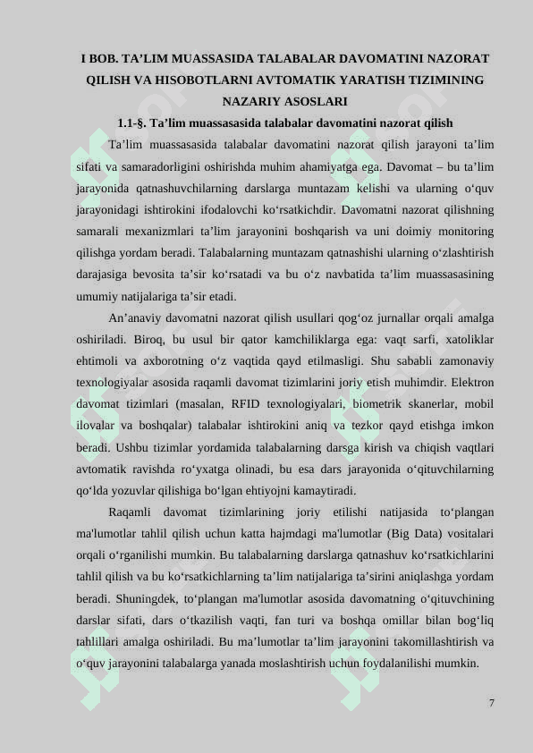 TA’LIM MUASSASIDA TALABALAR DAVOMATINI NAZORAT QILISH VA HISOBOTLARNI AVTOMATIK YARATISH TIZIMI 7