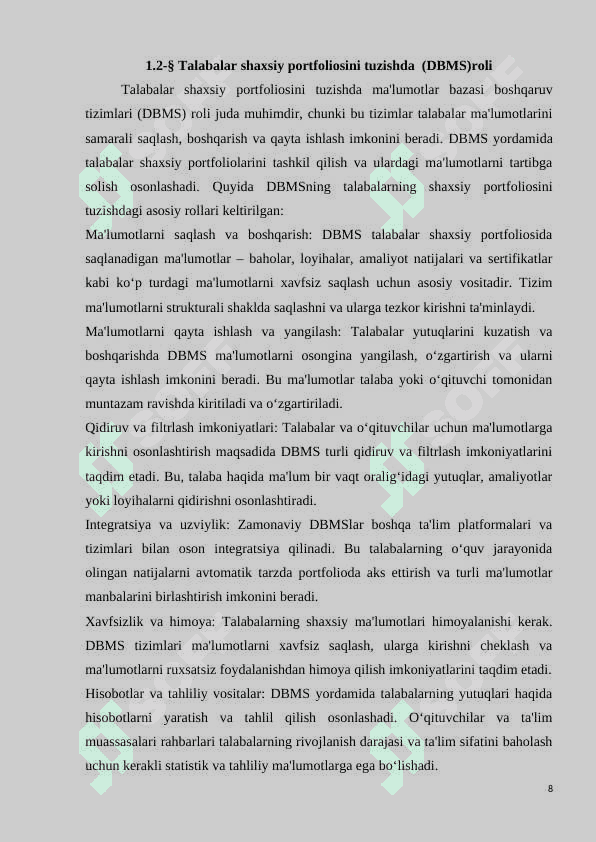 TALABALAR SHAXSIY PORTFOLIASI VA O’QUV YUTUQLARINI KUZATISH VA BOSHQARISH TIZIMI 8