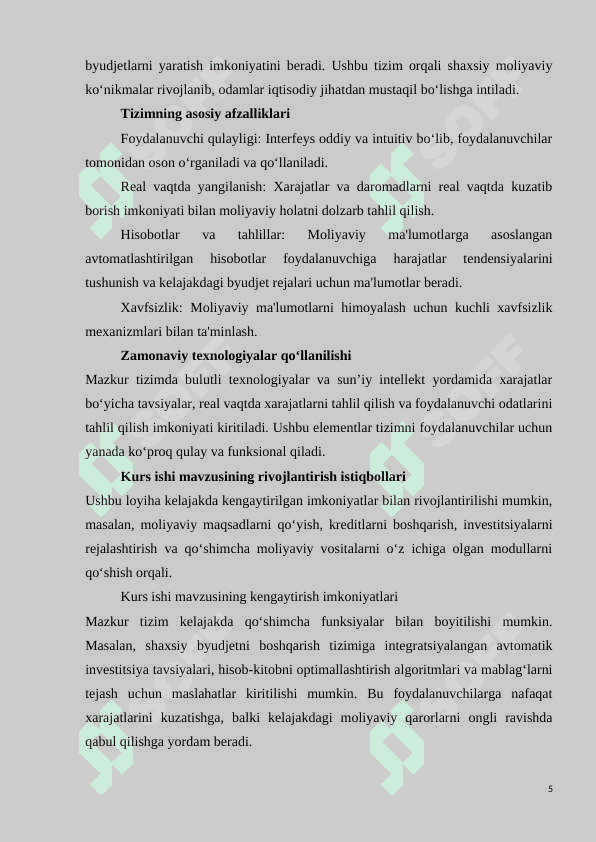 Shaxsiy moliyaviy BYUDJETINI BOSHQARISH VA XARAJATLARINI KUZATISH UCHUN SHAXSIY MOLIYAVIY TIZIM 5