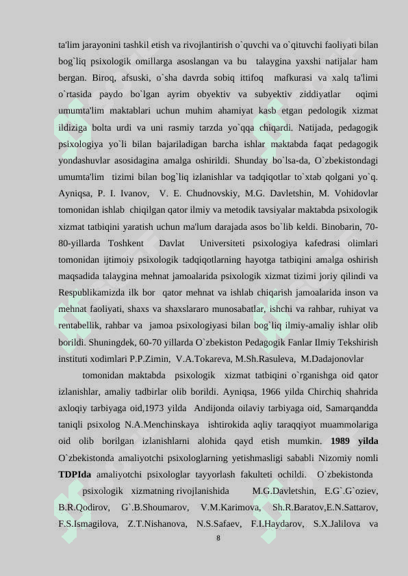 Sog'likni saqlash tizimida psixologik xizmatning o'ziga xosligi. 8